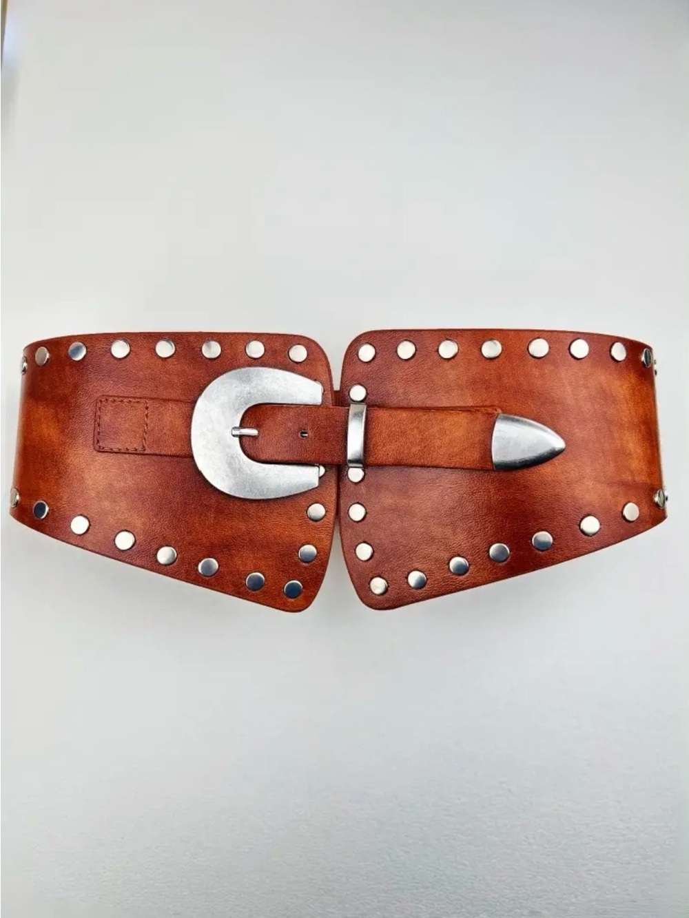 352. Brown Studded Chunky Waist Belt with Silver Buckle